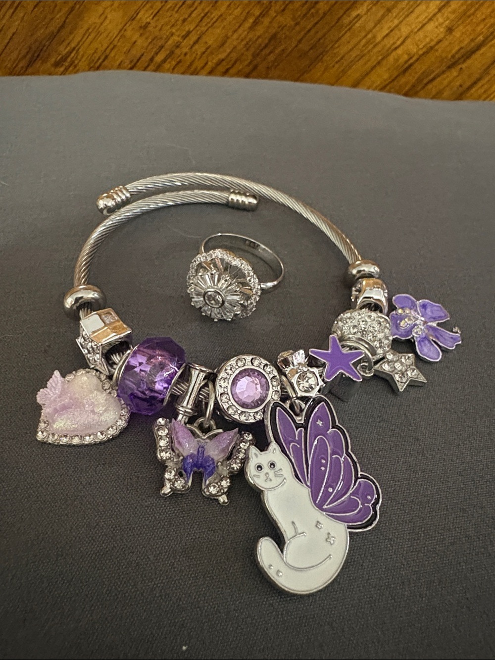 Purple Cat Wing Charm Bracelet and Ring set- Women's Jewelry